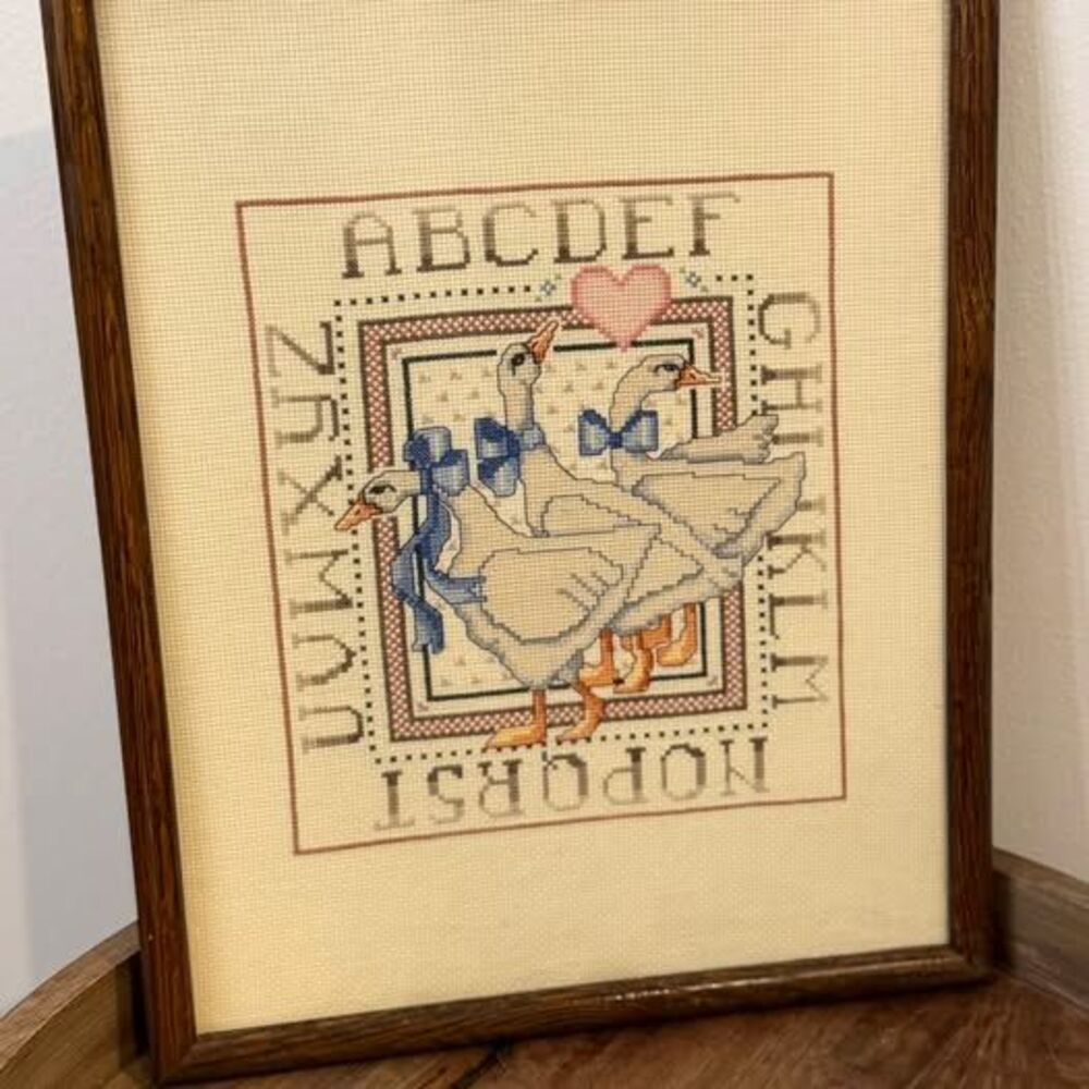 Vintage Framed Goose Alphabet Cross-Stitch~1987
